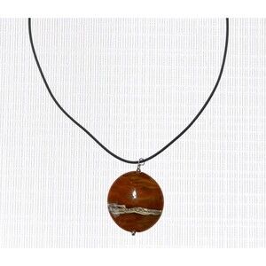 Artisan Glass Pendant Necklace Imbedded Metal Bead Brown Lentil Shape Art Boho